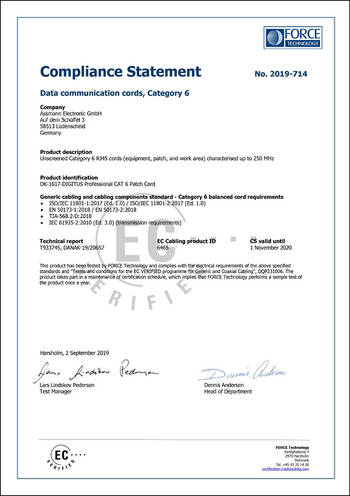 Compliance Statement | Data Communication Cords, Category 6